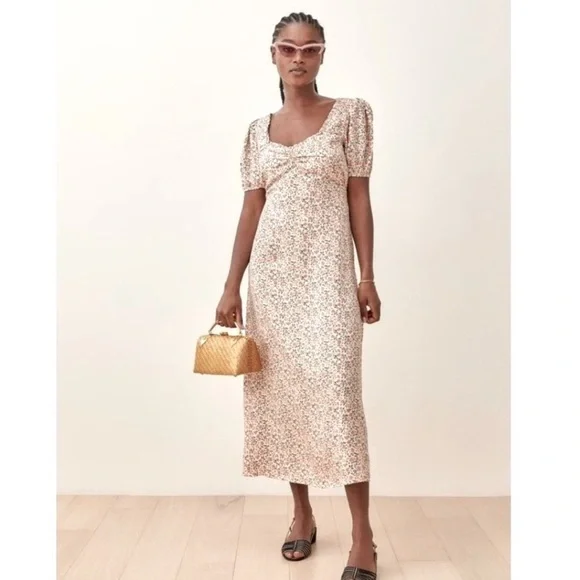 Reformation Kelby Floral Summer Dress Pink Cream Short Sleeve size small - Picture 4 of 12